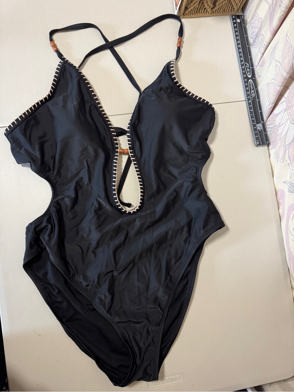 Black Cut Out Swimsuit with beads and Contrast Trim